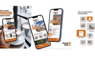 Das Bild zeigt verschiedene Ansichten der Cityapp Peine2go.